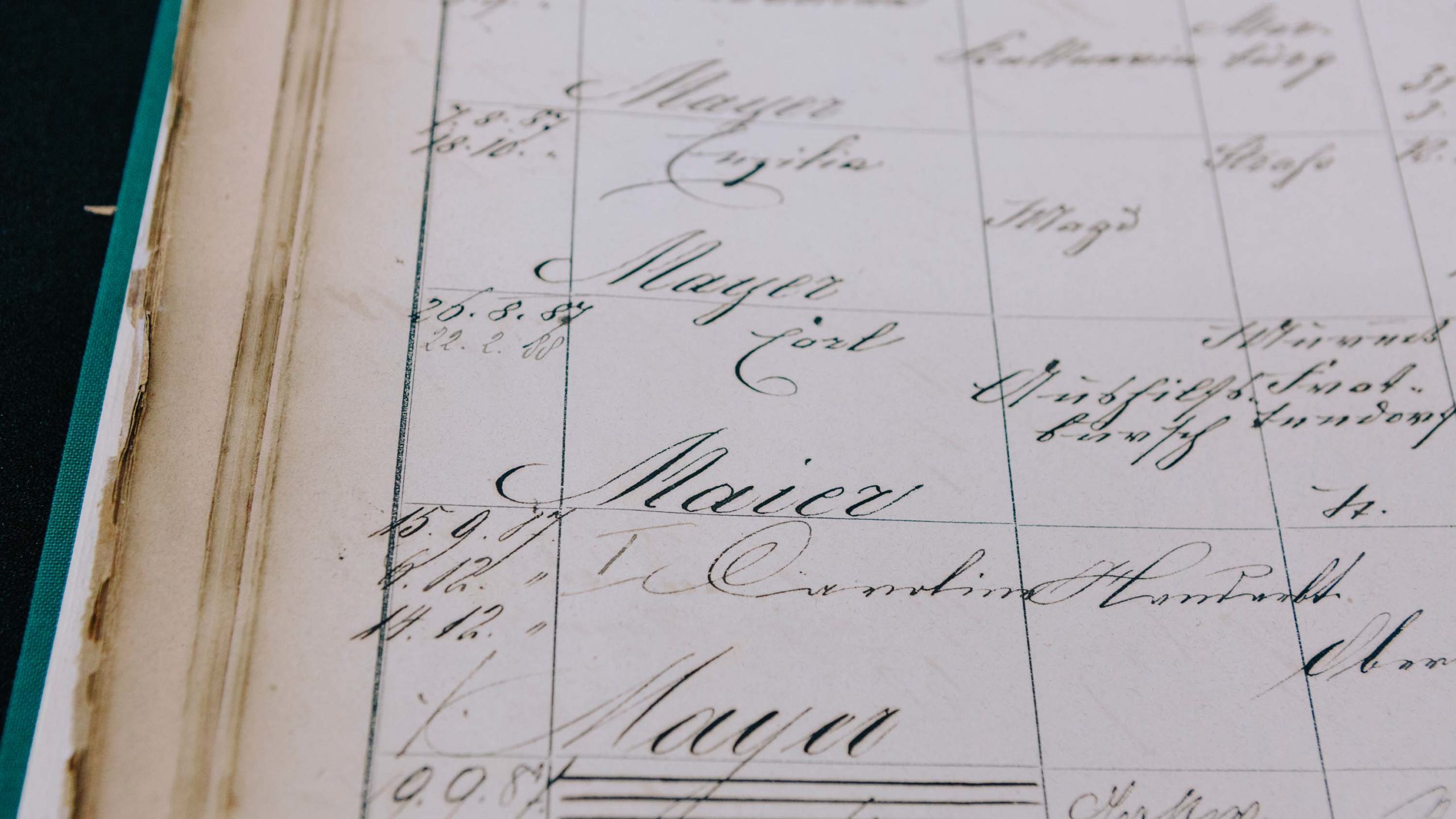 Auf einem Detail eines Meldebuches im Stadtarchiv ist der Familienname Meier in unterschiedlichen Schreibweisen handschriftlich aufgelistet.