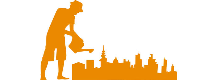 Orangefarbene Silhouette einer Person, die eine Stadtlandschaft mit einer Gießkanne bewässert.