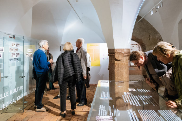 Menschen, die in einem Museum mit Glasvitrinen und gewölbten Decken Exponate betrachten und darüber diskutieren.