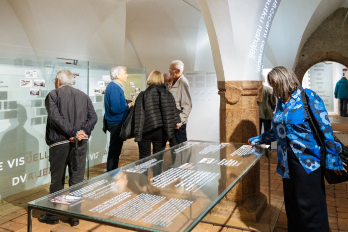 Menschen, die in einem Museum oder einem Ausstellungsraum mit Glasvitrinen und -tafeln Informationsdisplays betrachten.