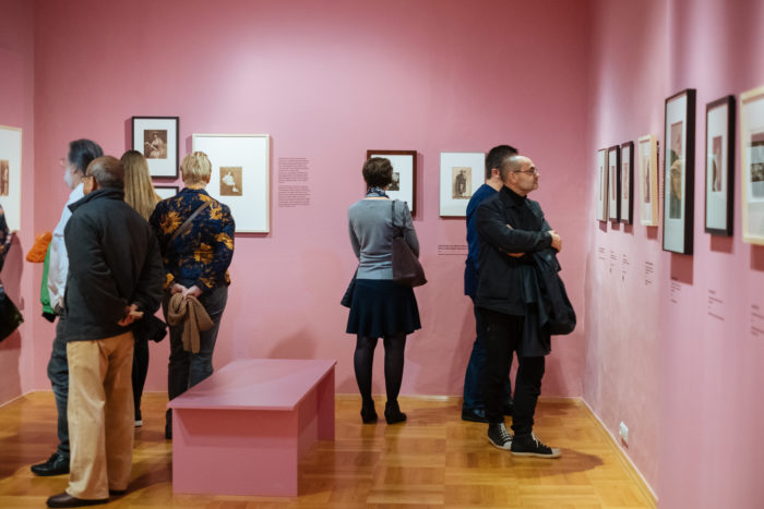 Menschen betrachten gerahmte Kunstwerke in einer Galerie mit rosafarbenen Wänden, die die Einflüsse des Großen Bruchs widerspiegeln.