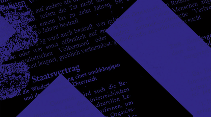 Schwarzer Hintergrund mit deutschem Text und fetten violetten Formen, die auf die NS-Wiederbetätigung hinweisen.