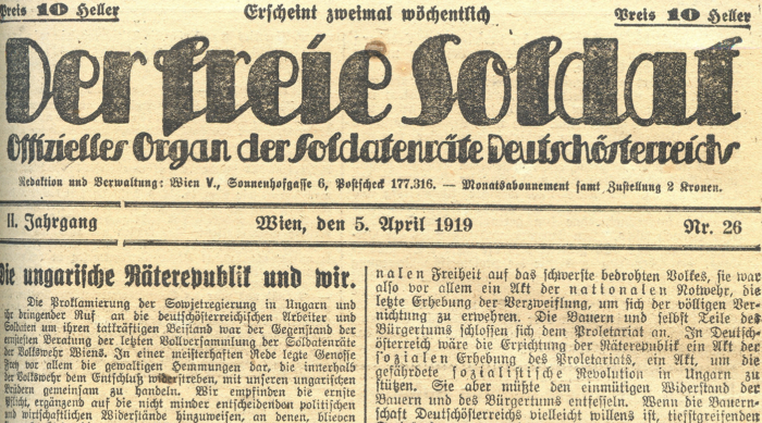 Titelseite über die ungarische Räterepublik und ihre Auswirkungen auf Graz, 5. April 1919.