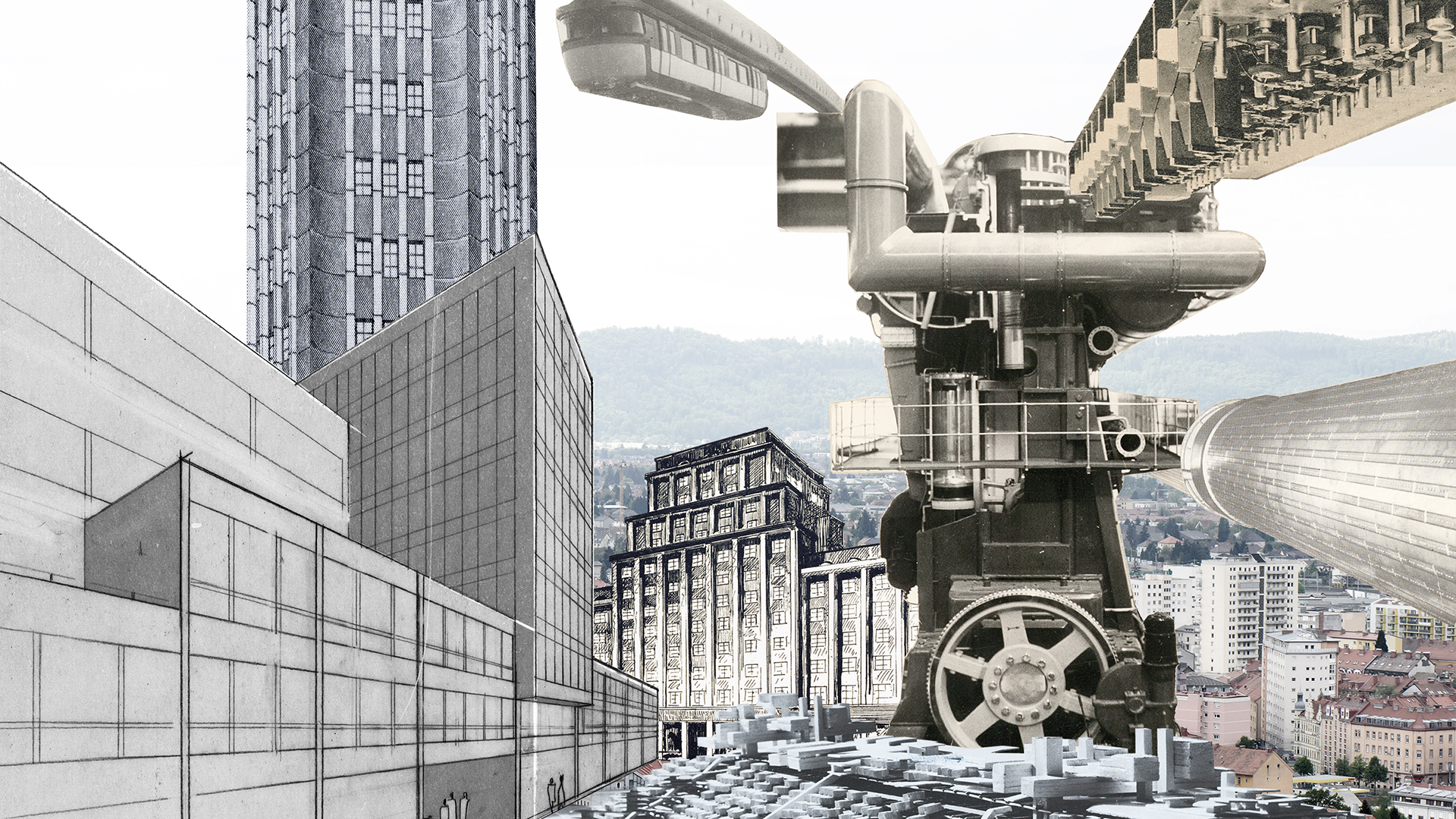 Collage aus Industriemaschinen und architektonischen Strukturen im Stadtbild des Ungebauten Graz.