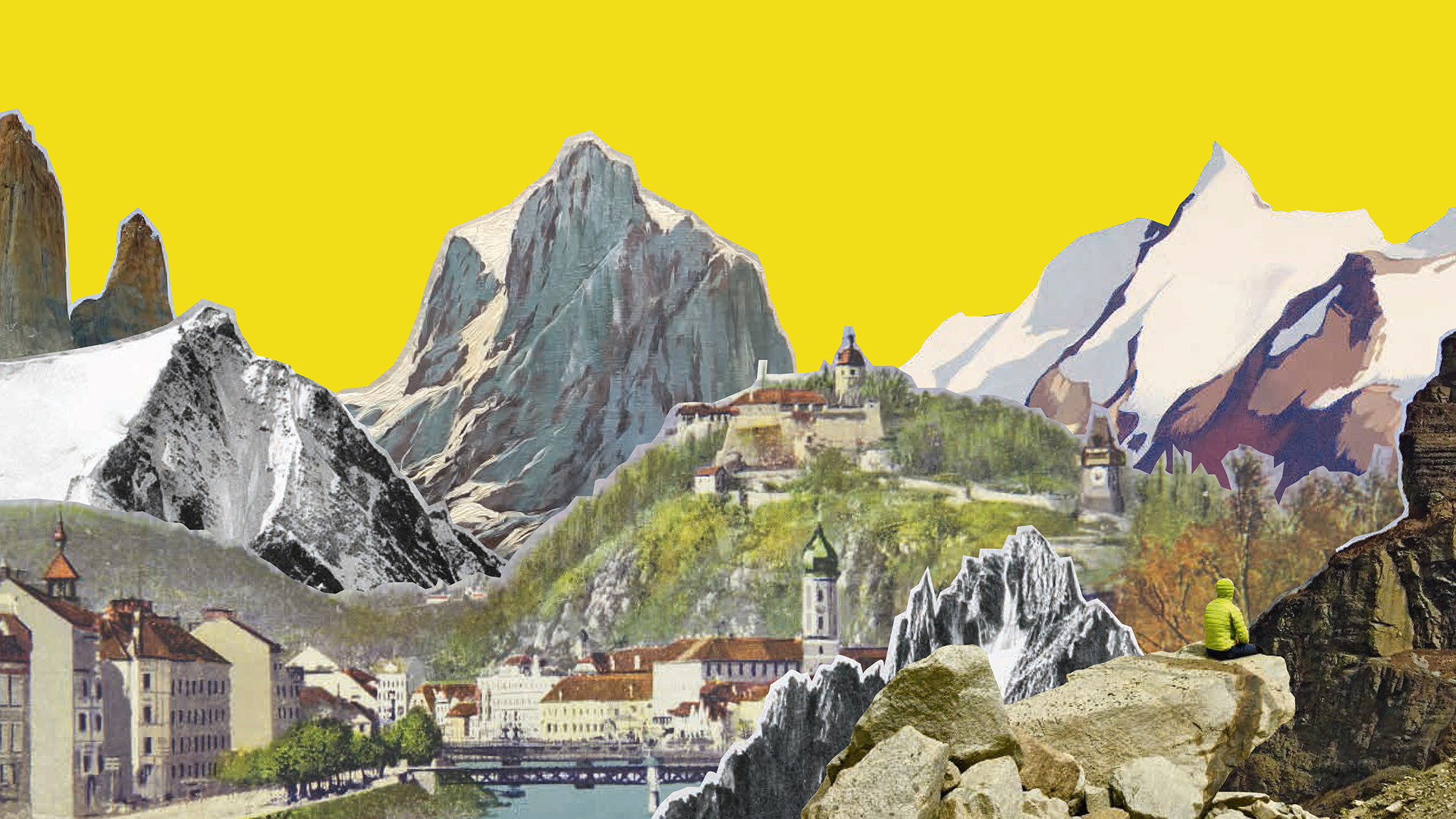 Collage aus Bergen (BERG), einer STADT und einer Person in grüner Jacke unter einem gelben Himmel.