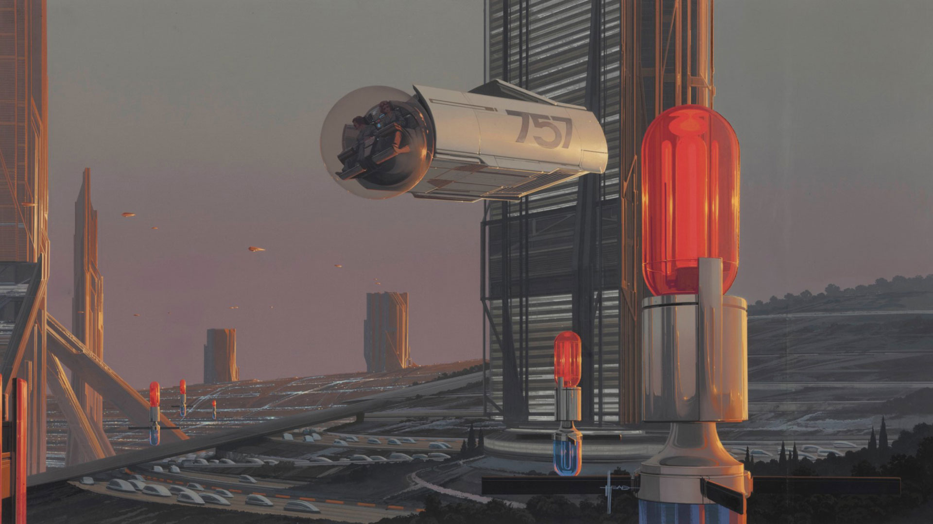 Futuristische Stadtlandschaft mit fliegendem Fahrzeug 757 im Stil von SYD MEAD und rot beleuchteten zukünftigen Städten.
