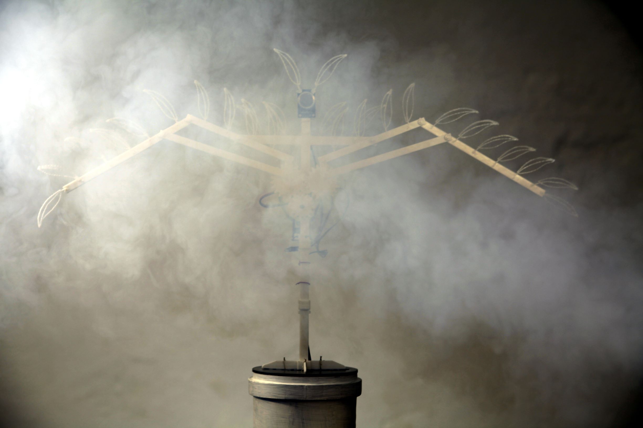 Eine mechanische vogelähnliche Skulptur mit ausgebreiteten Flügeln zeigt in dichtem Rauch markante Teamkompetenz.