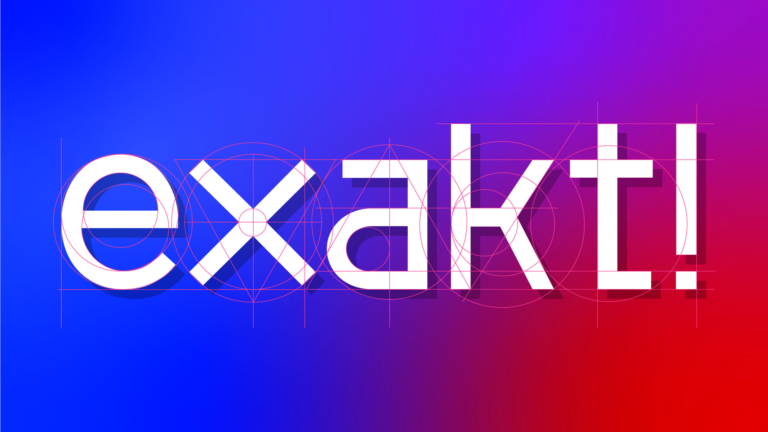 Das Wort exakt! in geometrischer weißer Schrift auf einem von der Welt inspirierten Hintergrund mit blauem und rotem Farbverlauf.