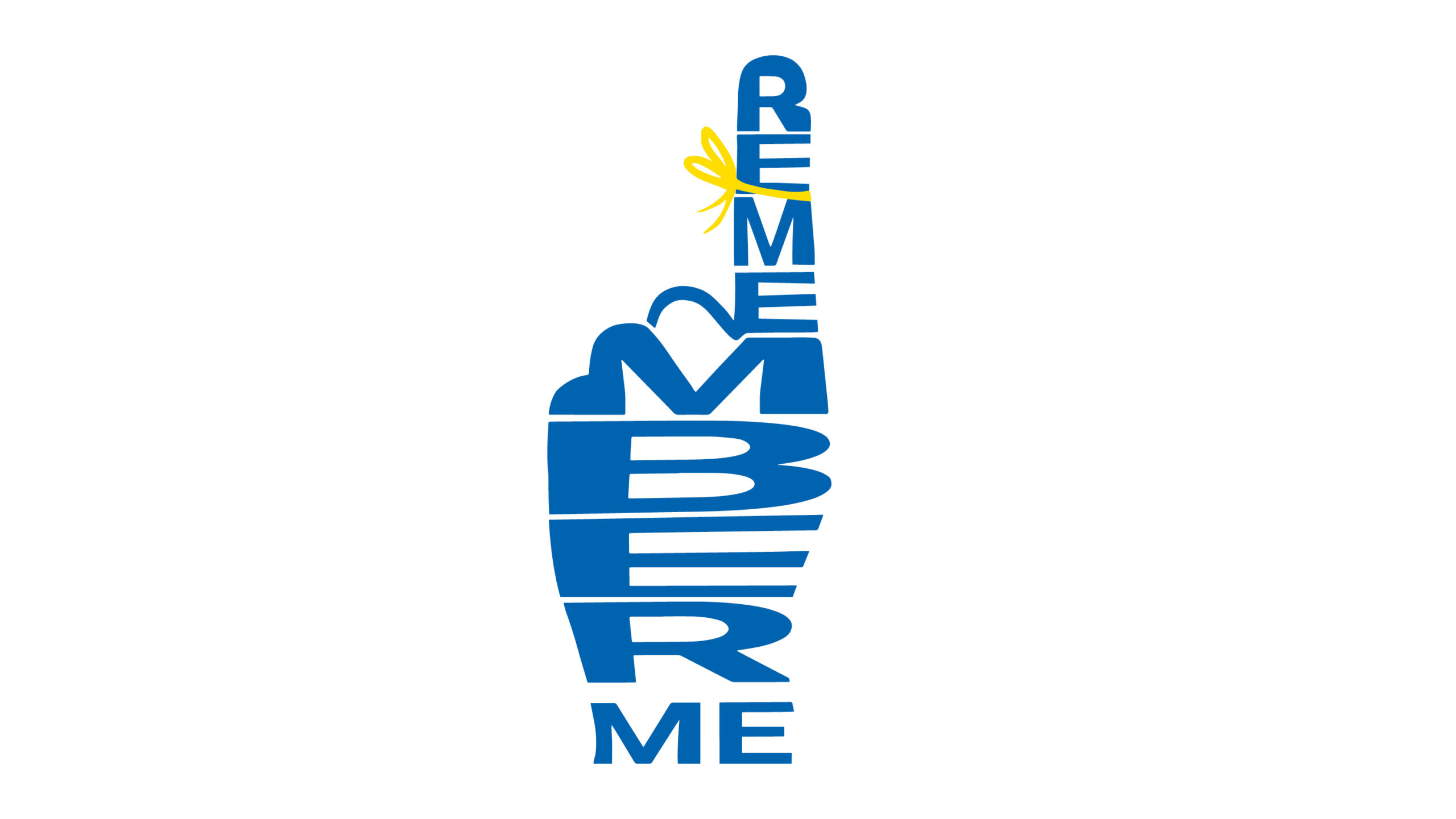 Blaue Handsilhouette mit dem Text REMEMBER ME und einer gelben Schnur, die um den Zeigefinger gebunden ist.