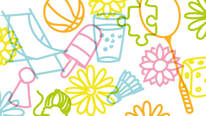 Bunte Illustration mit Federballschläger, Ball, Eis am Stiel, Kegel, Blumen, Liegestuhl und Wasserglas