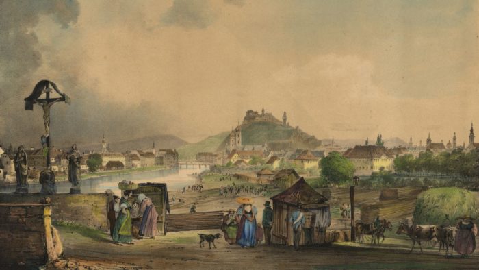 Murvorstadt-Szene aus dem 19. Jahrhundert mit Menschen, Marktständen, Fluss und Burg auf dem Hügel.