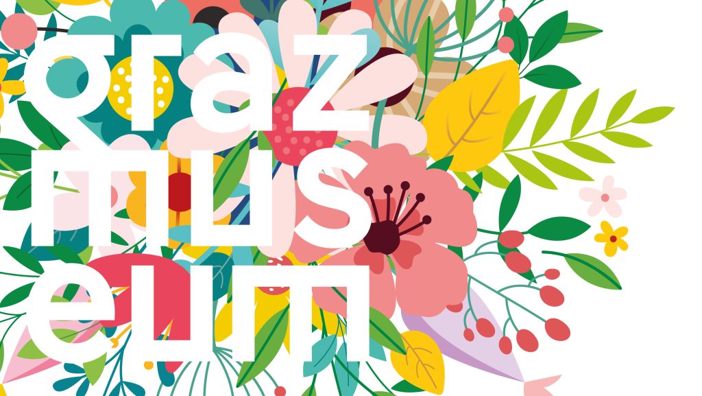 Fetter weißer Text Graz Museum über bunten, abstrakten Blumen und Blättern zum Frühlingsfest.