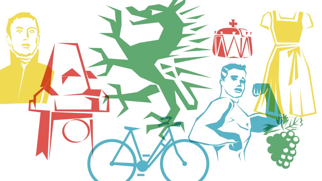 Bunte abstrakte Illustrationen eines Mannes, einer Krone, einer Stadt-Statue, eines Drachens, eines Fahrrads und von Weintrauben.