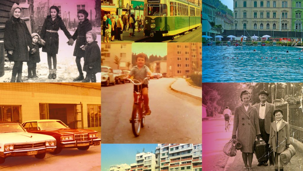 Eine Collage aus alten Fotos von Graz: Menschen, Autos, Gebäude, eine Straßenbahn und ein Schwimmbad.
