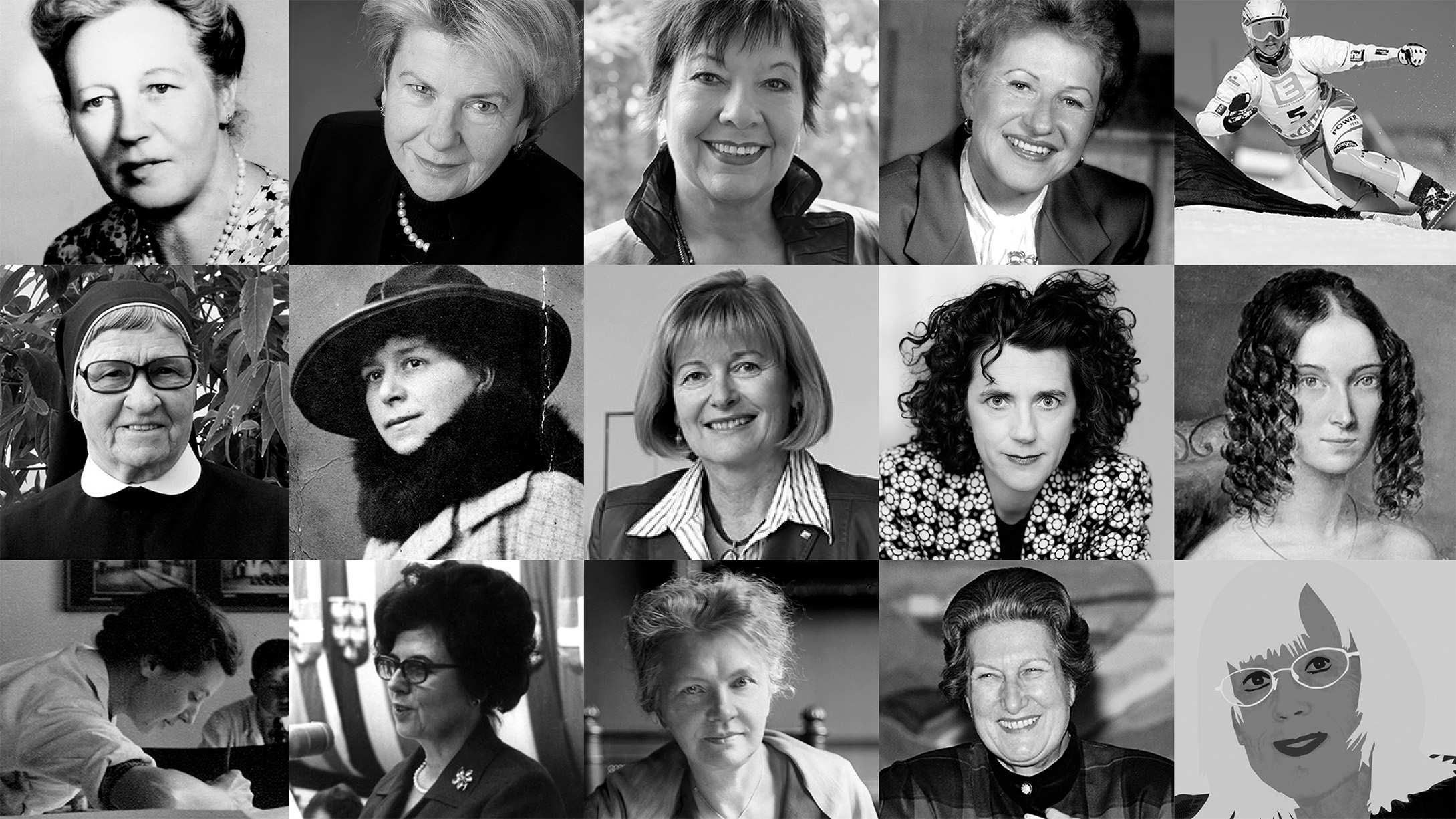 Raster von 15 Schwarz-Weiß-Porträts von Frauen im Graz Museum für den Internationalen Frauentag 2025.