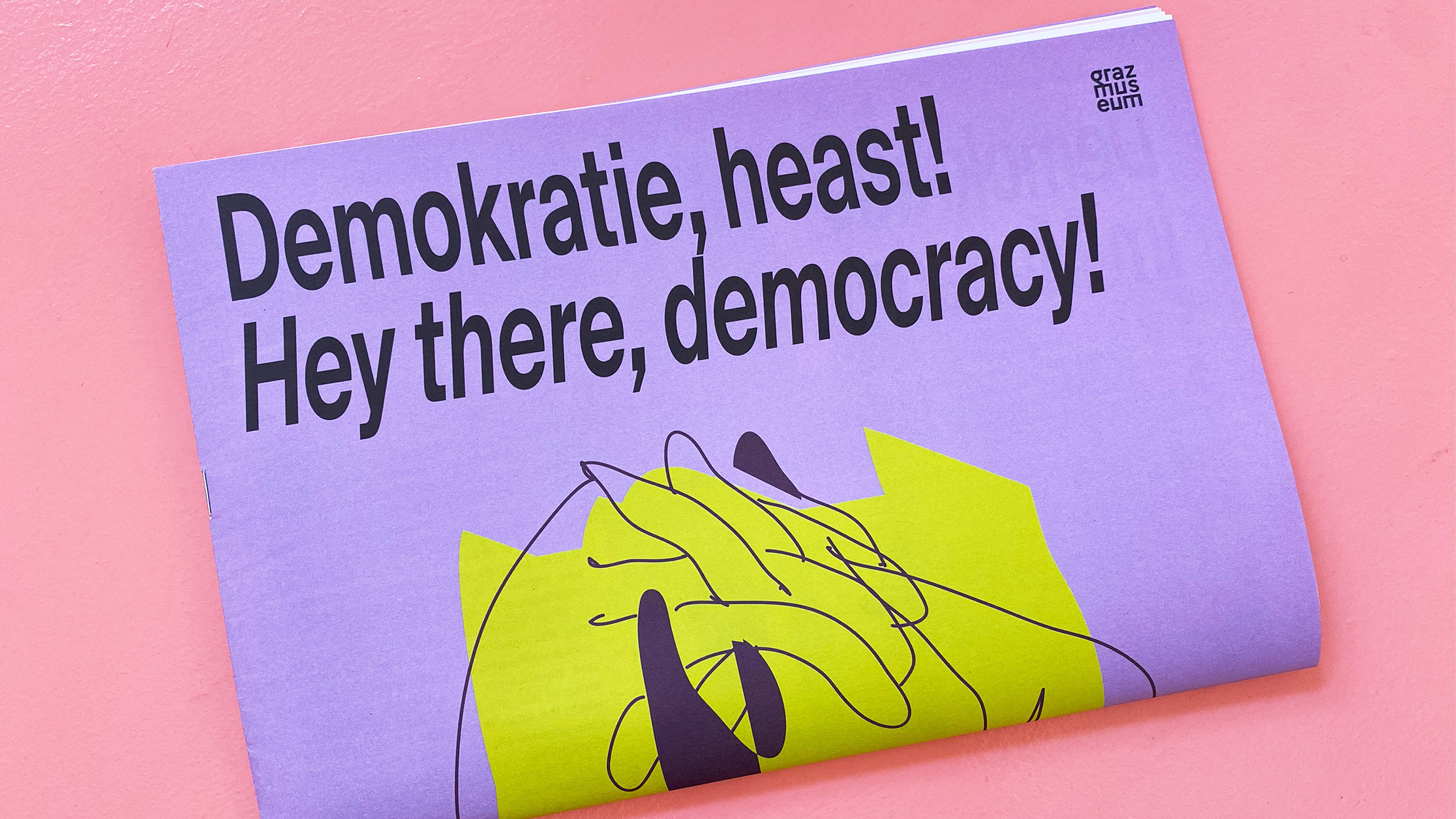 Ein Pamphlet mit der Aufschrift "Demokratie, heast!" auf einem fetten rosa Hintergrund.