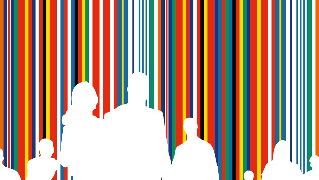 Silhouetten von Menschen vor vertikalen mehrfarbigen Streifen erinnern an Die letzten Europäer.