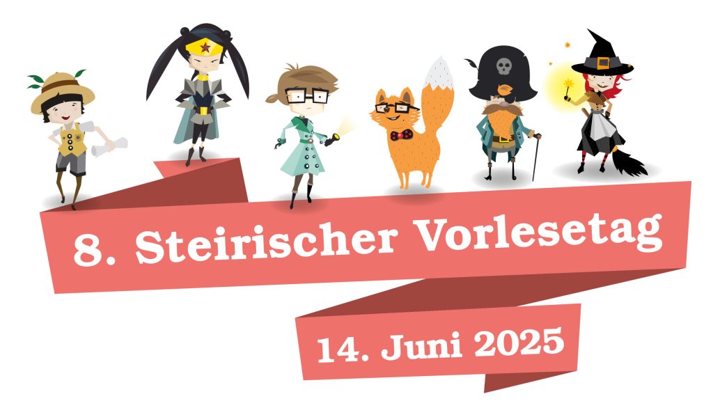 Zeichentrickfiguren über einem Band mit 8. Vorlesetag, Graz Museum, 14. Juni 2025 Text.