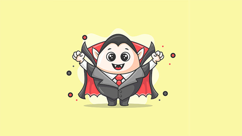 Cartoon Dracula in Anzug und Umhang lächelnd mit erhobenen Armen auf gelbem Hintergrund.
