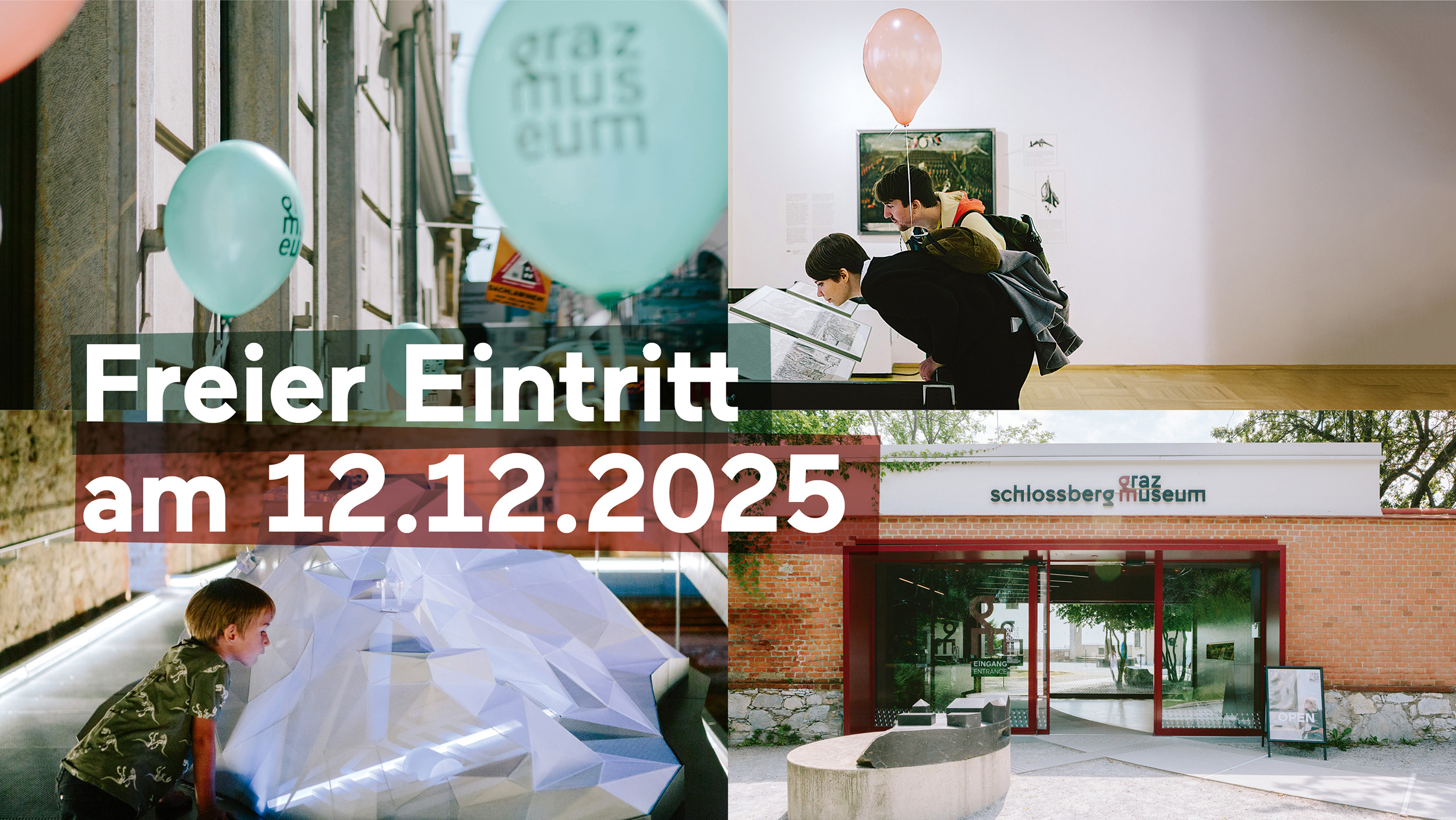 Collage von Grazer Museumsszenen mit Koralmbahn und Freier Eintritt am 12.12.2025 Text.