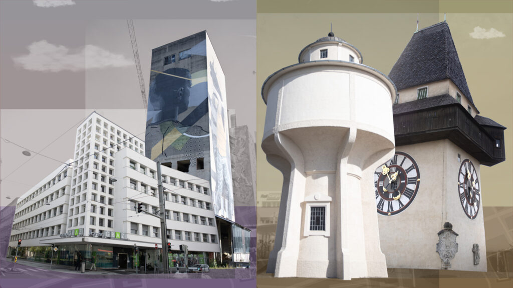 Moderne städtische Gebäude auf der linken Seite, historischer Uhrenturm der Inneren Stadt auf der rechten Seite.