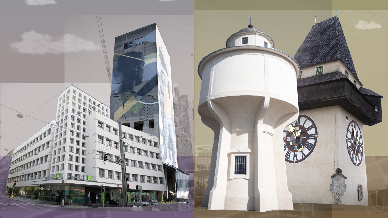 Moderne städtische Gebäude auf der linken Seite, historischer Uhrenturm der Inneren Stadt auf der rechten Seite.