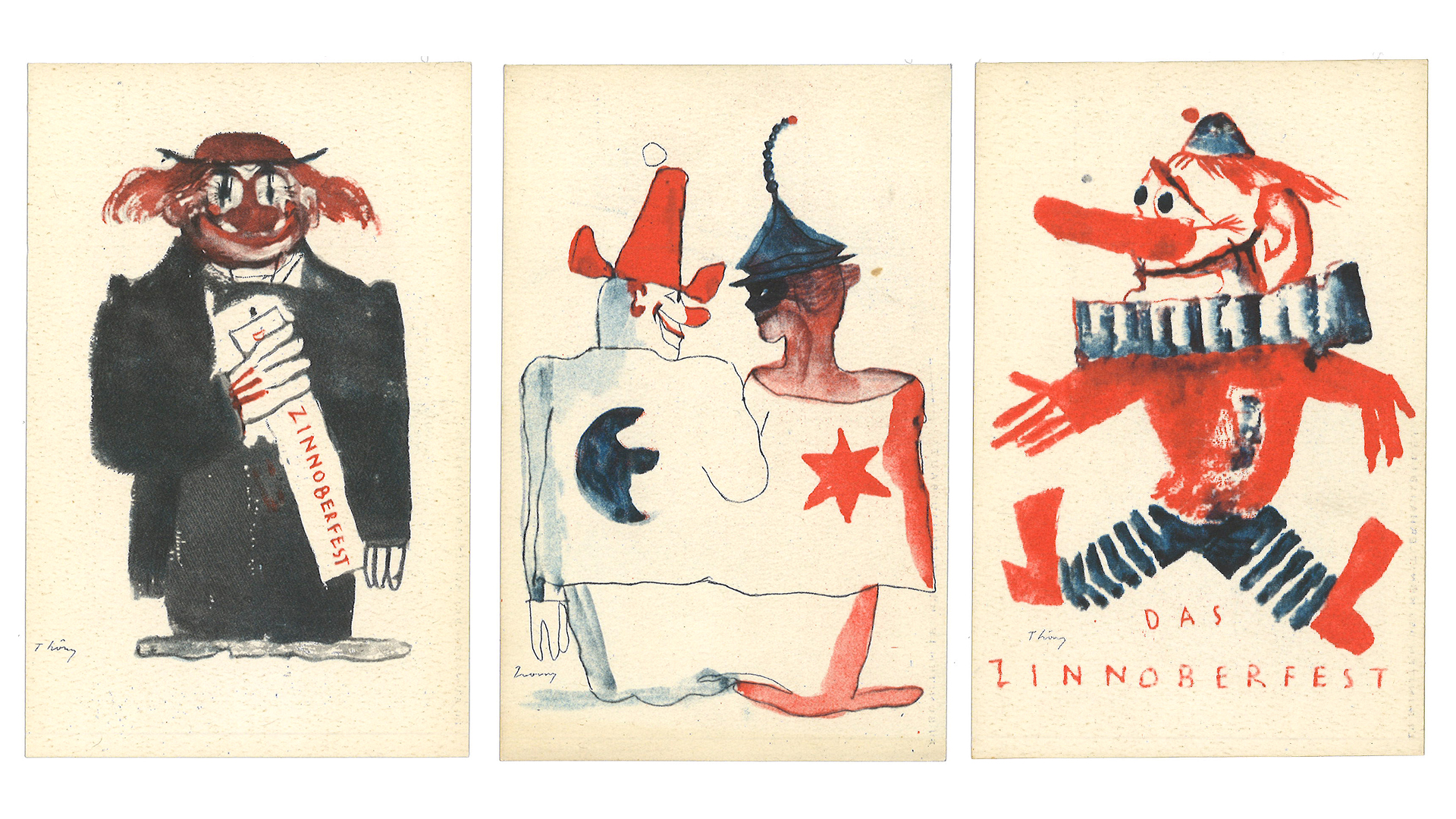 Drei abstrakte, bunte Clown-Illustrationen mit Hinweisen auf das Zinnoberfest in rotem Text.