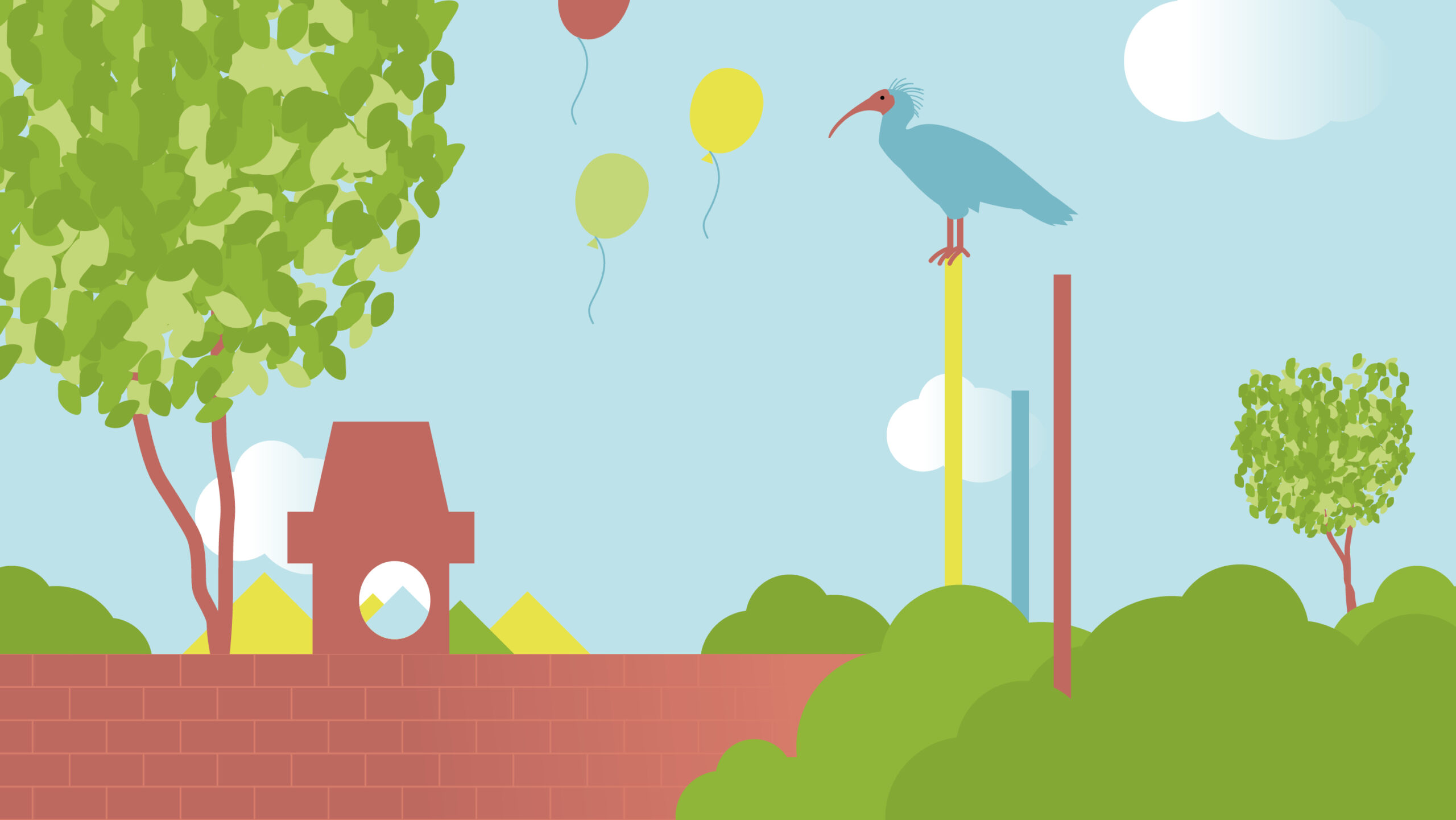 Ein blauer Vogel sitzt in der Nähe von Bäumen und Luftballons auf dem Schlossberg Wundergartenfest.