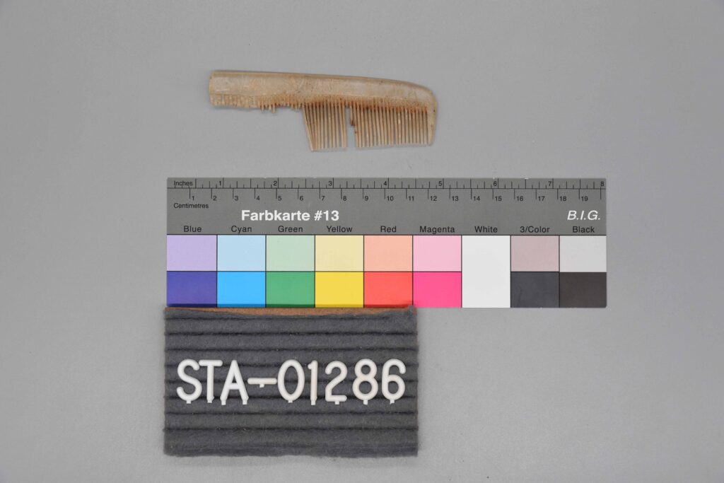 Ein zerbrochener Holzkamm über einer Farbskala und ein Etikett mit der Aufschrift STA-01286.