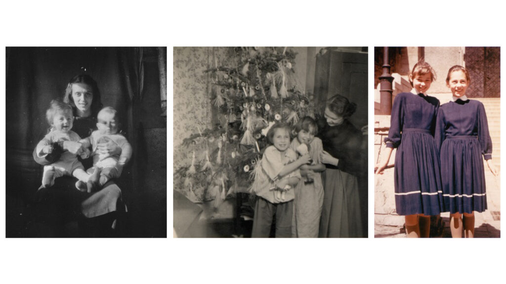 Drei alte Fotos zeigen Mein Vater Nirgendwo: zwei Mädchen als Säuglinge, Kinder zu Weihnachten und Teenager.