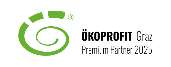 ÖKOPROFIT Graz Premium Partner 2025 logo with a green circular graphic.