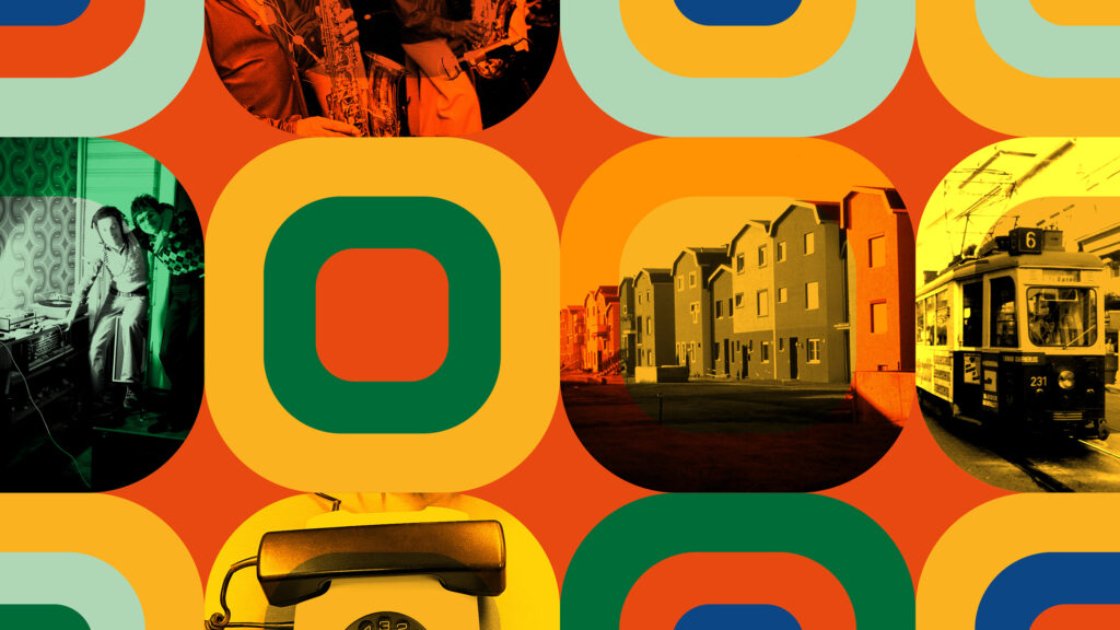Retro-Collage mit 70er-Musikern, einer Grazer Straßenbahn, Vorstadthäusern, einem Telefon und Mustern.