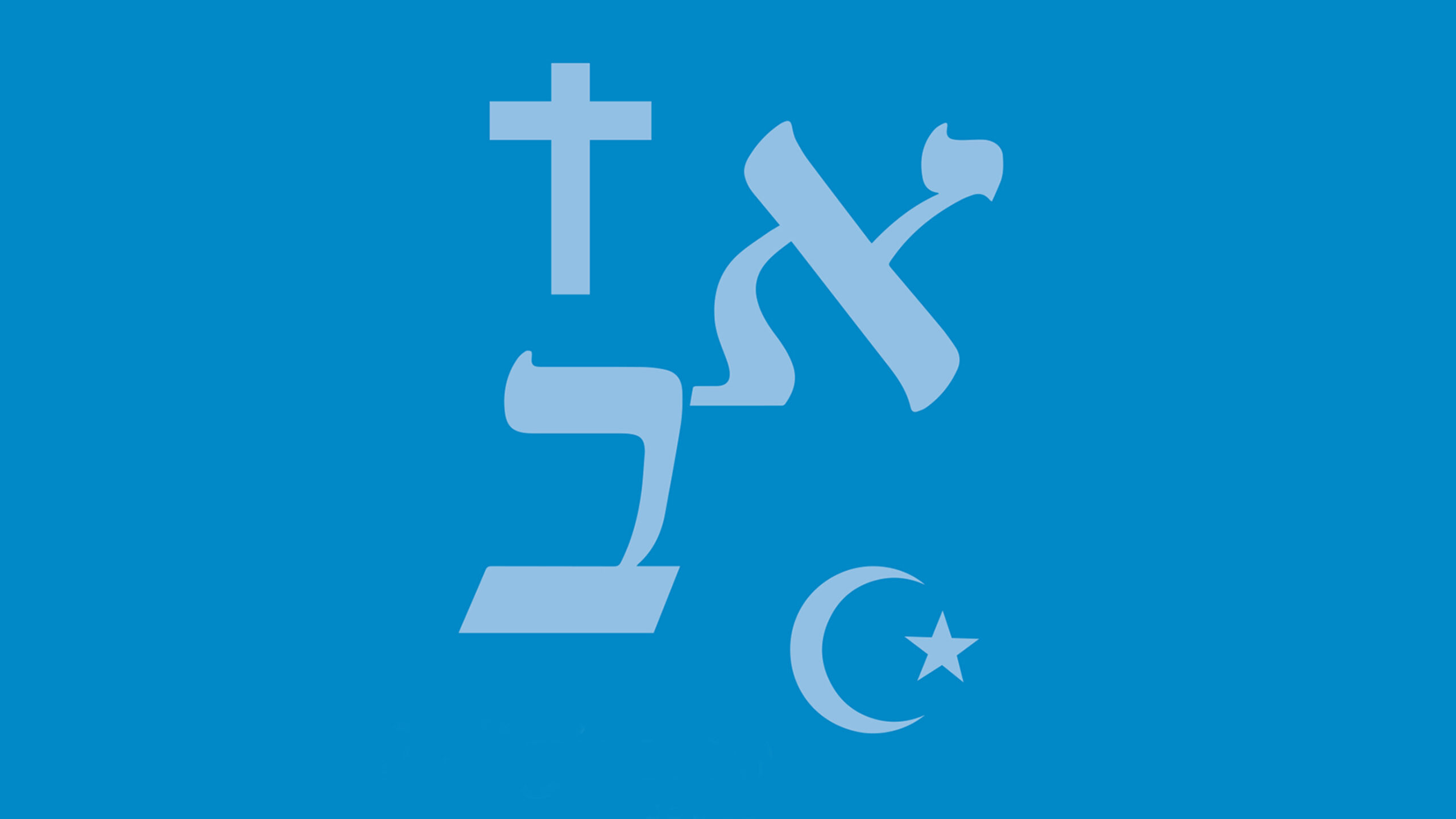 Symbole des Christentums, des Judentums und des Islam überschneiden sich in einem Dialog auf blauem Hintergrund.