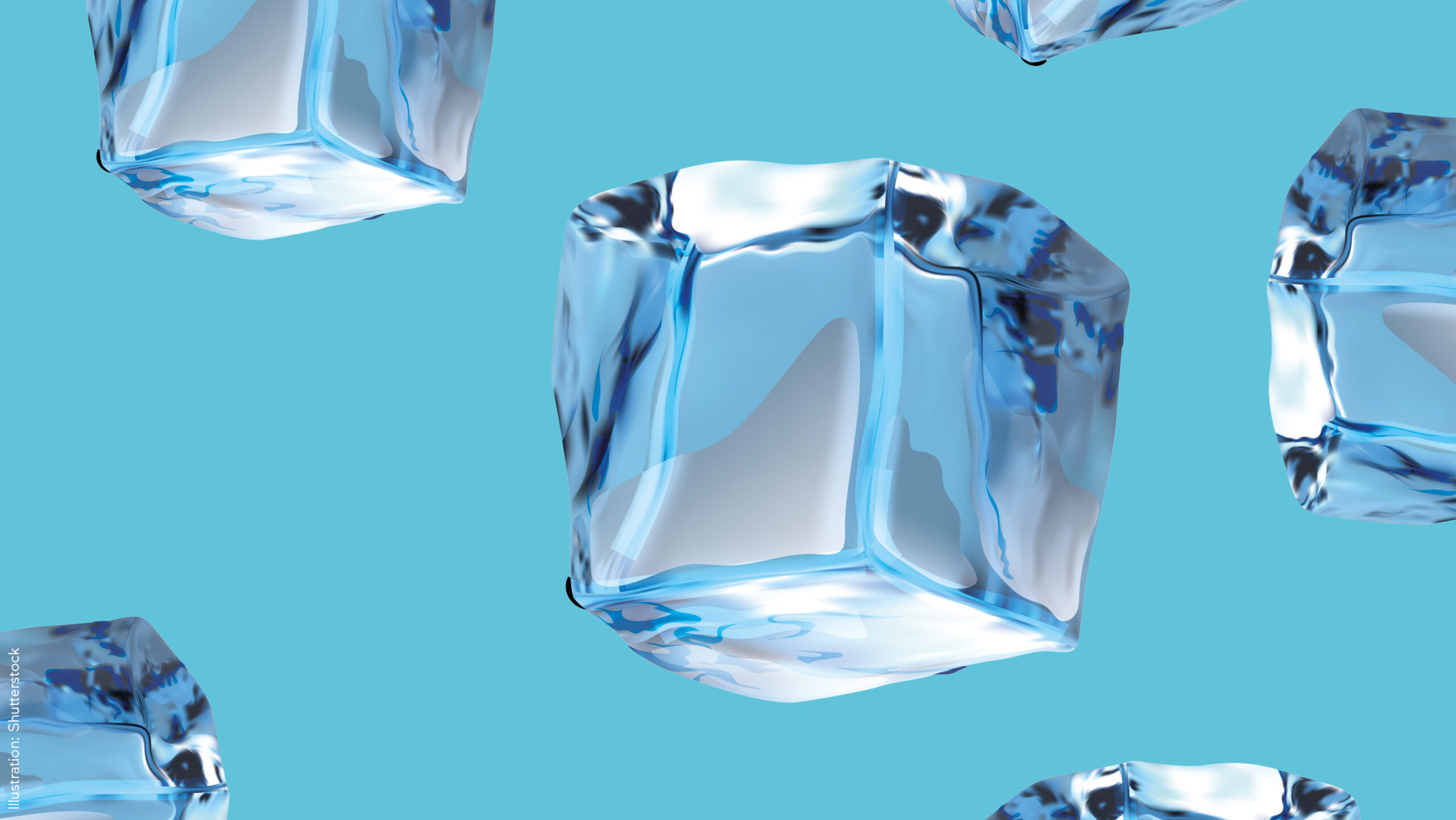 Vor einem hellblauen Hintergrund erscheinen mehrere schwimmende Eiswürfel wie Exponate in einem Museum.