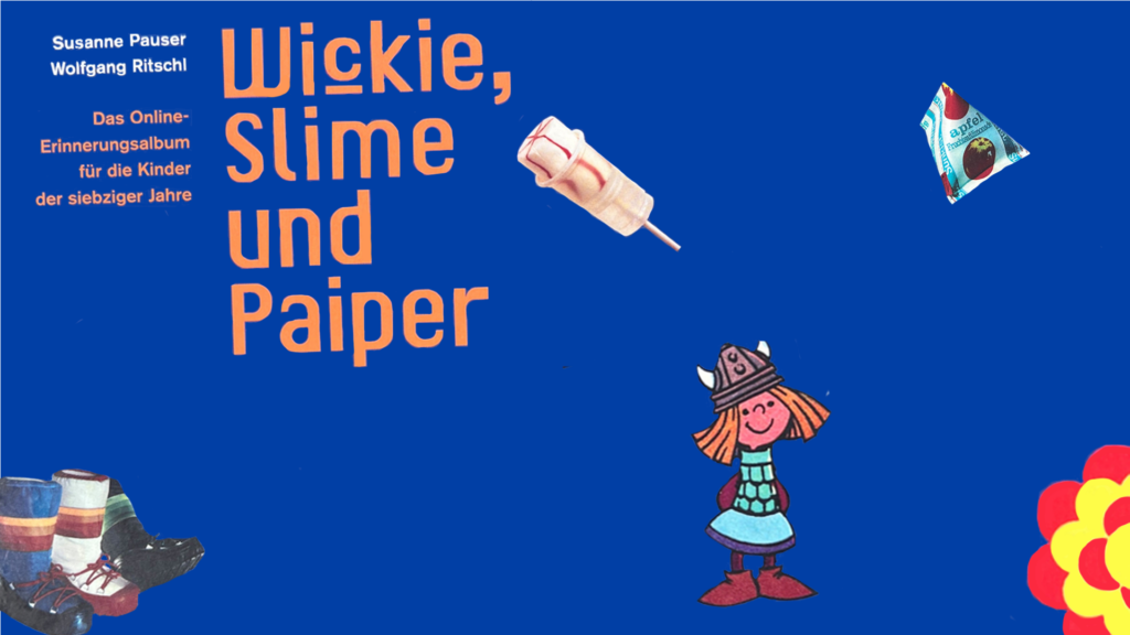 Blauer Hintergrund mit deutschem Text, Cartoon-Figur „Wickie, das Wikinger-Mädchen“, Lutscher, „Paiper“-Snack und Blume.